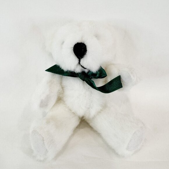 Little White Bear Jointed Arms & Legs w Green Bow Stuffed Animal Plush Teddy - Picture 4 of 4